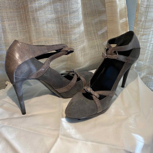 BALENCIAGA GREY SUEDE ANKLE-STRAP LEATHER PUMPS HEELS slides 39 GRAY sandals sli - Picture 1 of 13